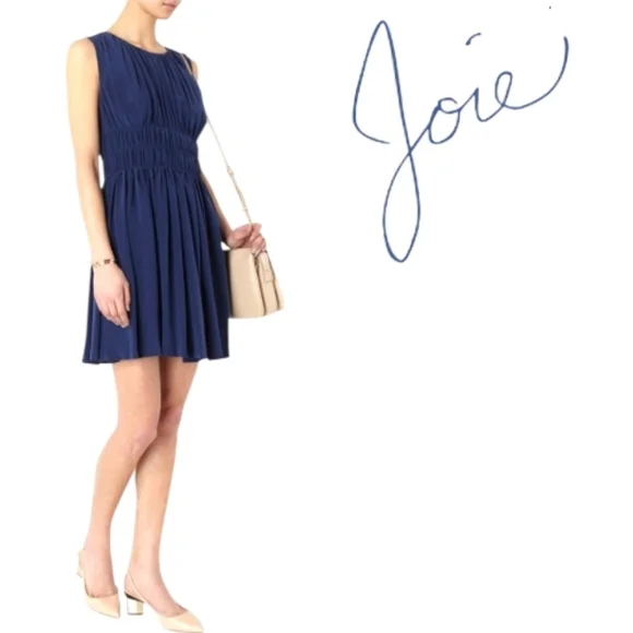 Joie Lora | 100% Blue SILK | Sleeveless | Pleated Smock | Tied V-back | Dress XS - Picture 1 of 13